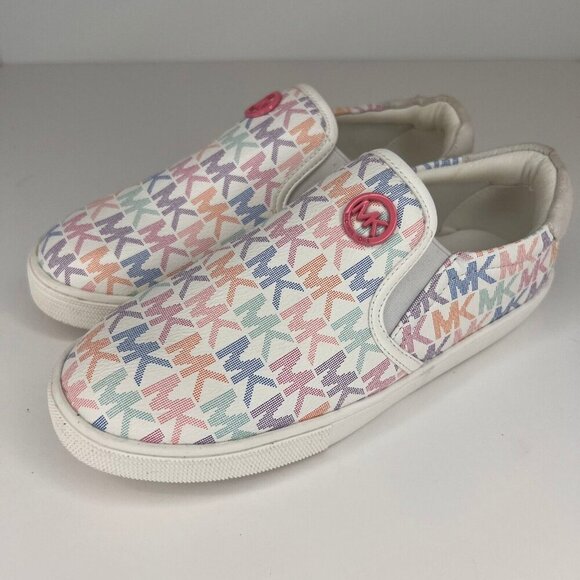 Michael Kors Other - Michael Kors Girls White Casual Fabric MK Logo Low Top Flat Size 3 Slip On Shoes